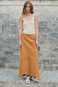 Talor Raw Cut Maxi Skirt in Cashew Suede