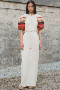 Nomo Crochet Puff Sleeve Maxi Dress in Ivory Textured Linen Twill