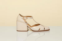Hawes T-Strap Block Heel Pump in Cream Leather