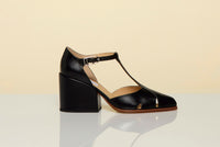 Hawes T-Strap Block Heel Pump in Black Leather
