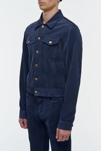 Barry Trucker Jacket in Electric Navy Suede Corduroy