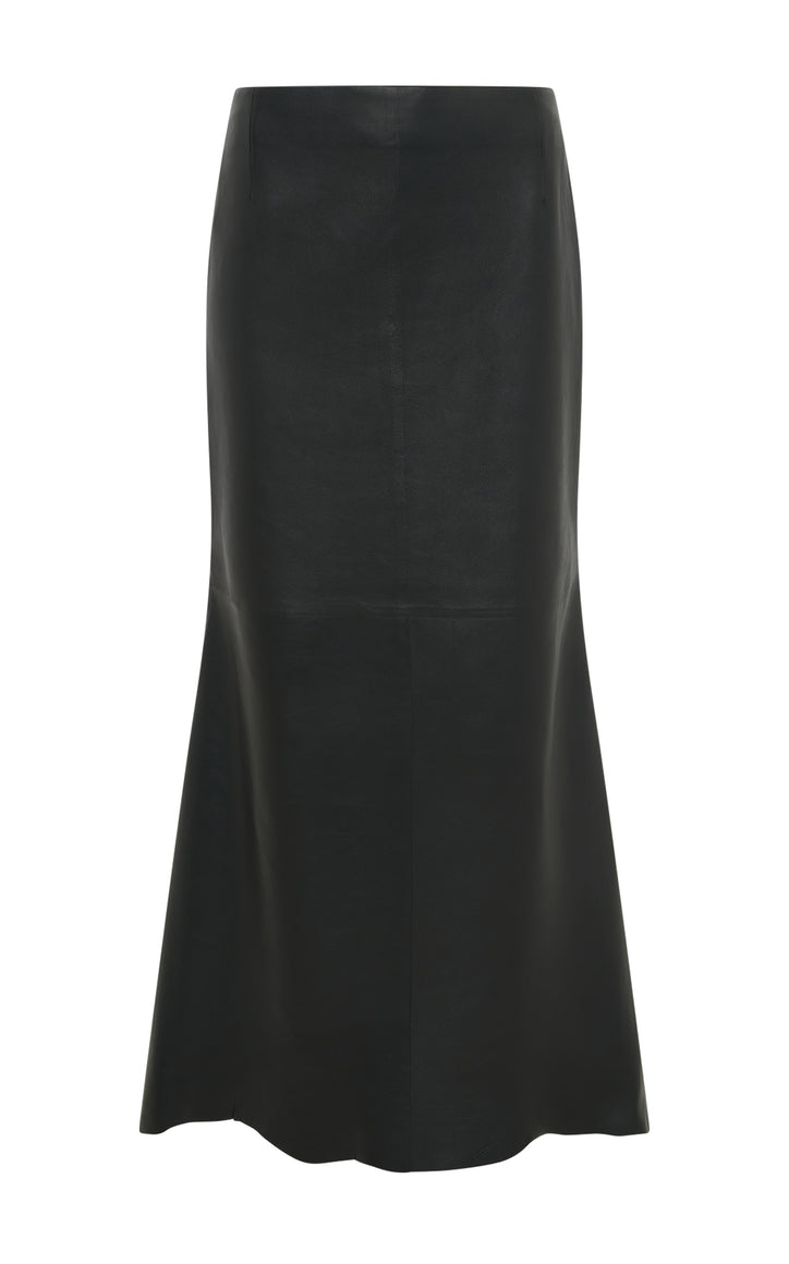 Edwardo Raw Cut Midi Skirt in Black Soft Leather