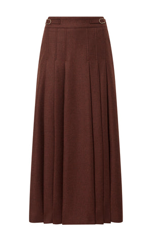 Wesley Pleated Midi Skirt in Burnt Sienna Wool Cashmere Flannel