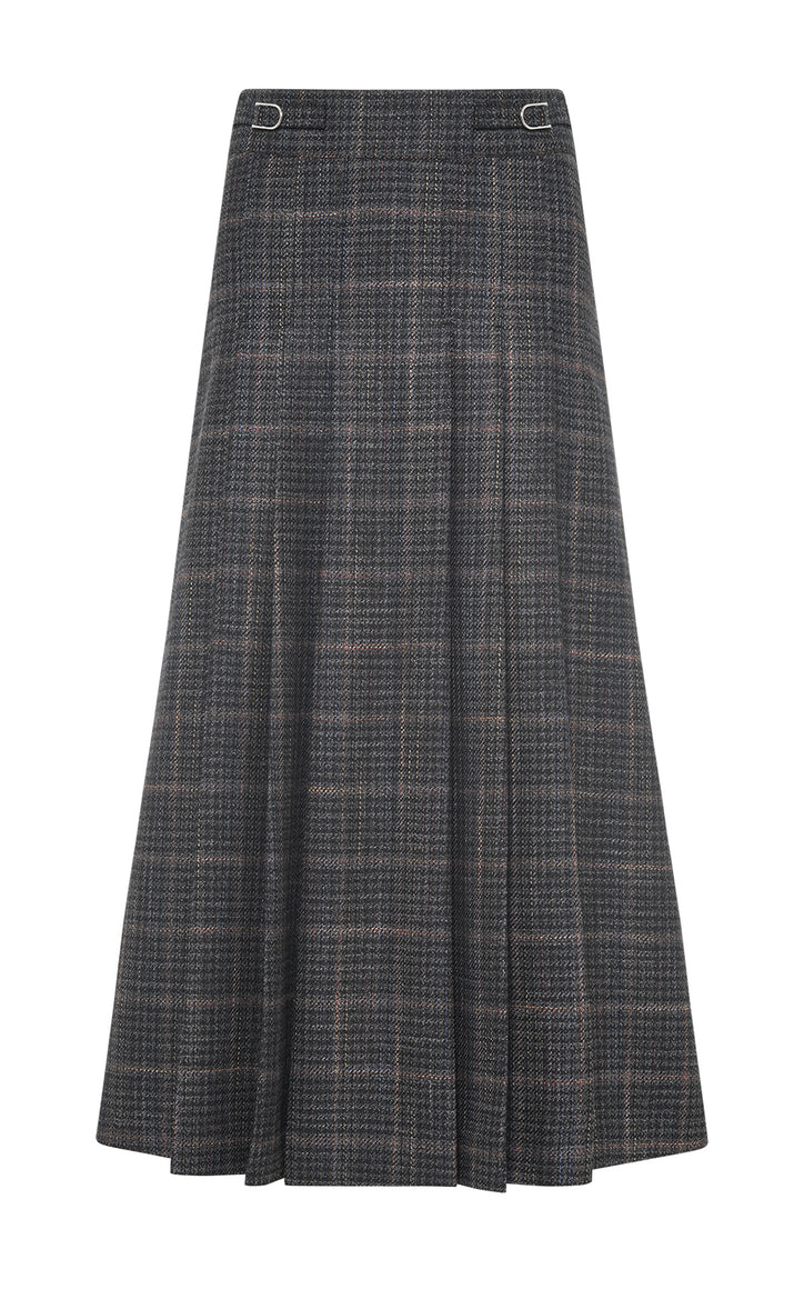 Wesley Midi Skirt in Charcoal Wool Silk Clubcheck Plaid