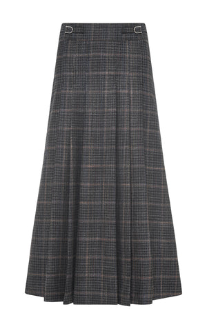 Wesley Midi Skirt in Charcoal Wool Silk Clubcheck Plaid