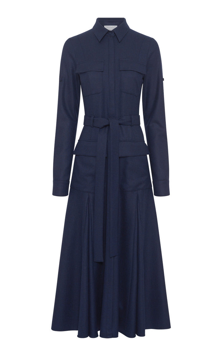 Meyer Pleated Maxi Shirtdress in Navy Wool Cashmere Flannel