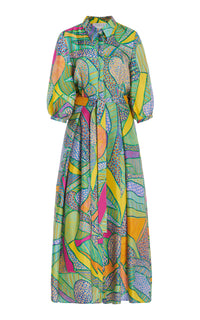 Andy Pleated Maxi Shirtdress in Green Multi Printed Silk Twill