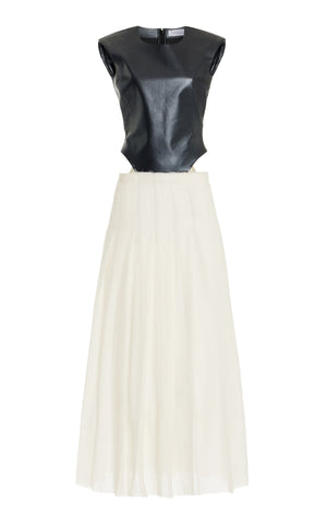 Mina Pleated Dress in Ivory Wool Cashmere with Metallic Nappa Leather Bodice