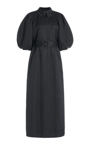 Iona Puff-Sleeve Trench Coat in Black Linen
