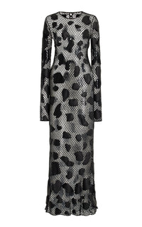 Romeo Crochet Maxi Dress in Black Merino Wool with Nappa Leather Patches