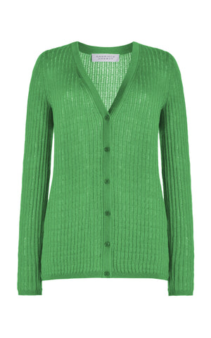 Emma Pointelle Knit Cardigan in Peridot Green Cashmere Silk