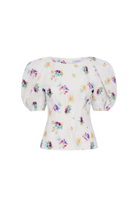 Ayelet Puff Sleeve Mia's Flowers Top in Ivory Multi Printed Linen Twill
