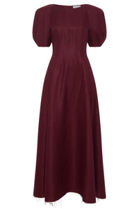 Ranya Puff Sleeve Maxi Dress in Bordeaux Linen Twill