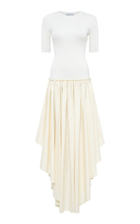 Sirona Pleated Maxi Dress in Ivory Virgin Wool Silk with Linen