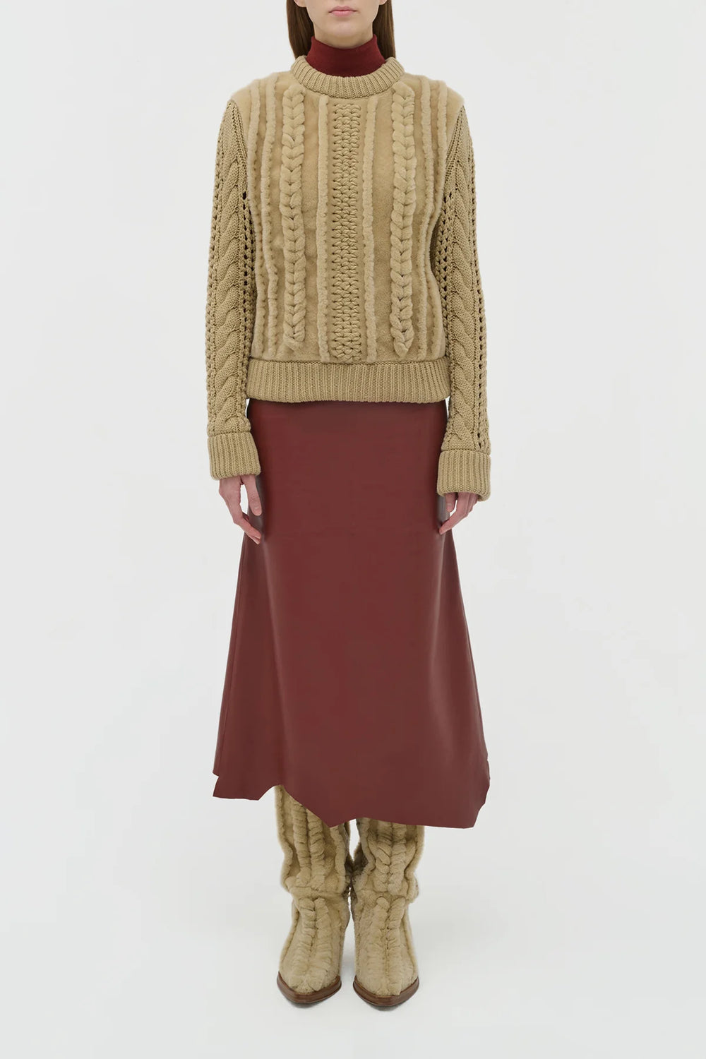 Edwardo Raw Cut Midi Skirt in Burnt Sienna Soft Leather