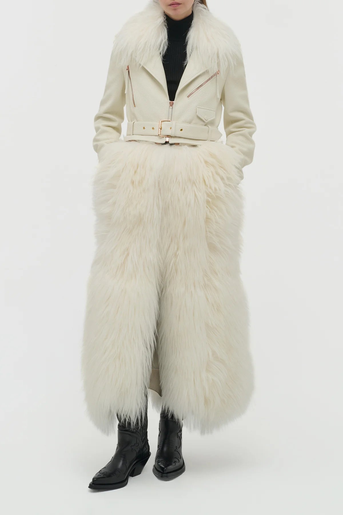 Brymwylf Convertible Coat in White Textured Leather & Cashmere Shearling