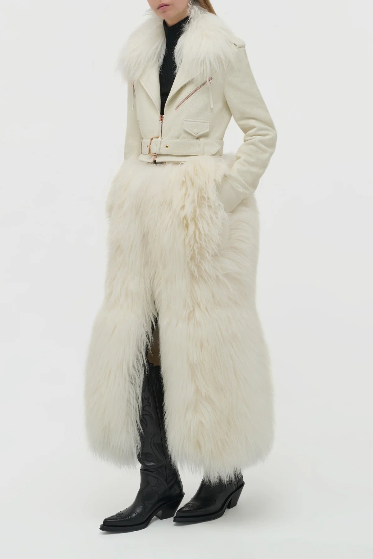 Brymwylf Convertible Coat in White Textured Leather & Cashmere Shearling