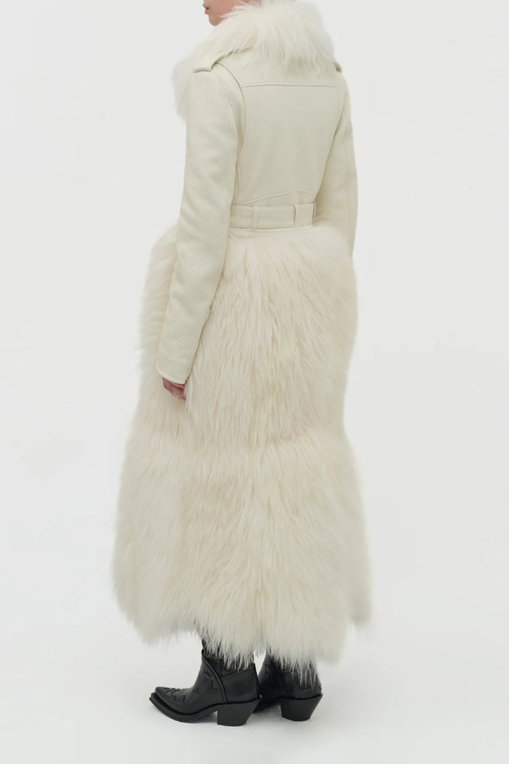 Brymwylf Convertible Coat in White Textured Leather & Cashmere Shearling