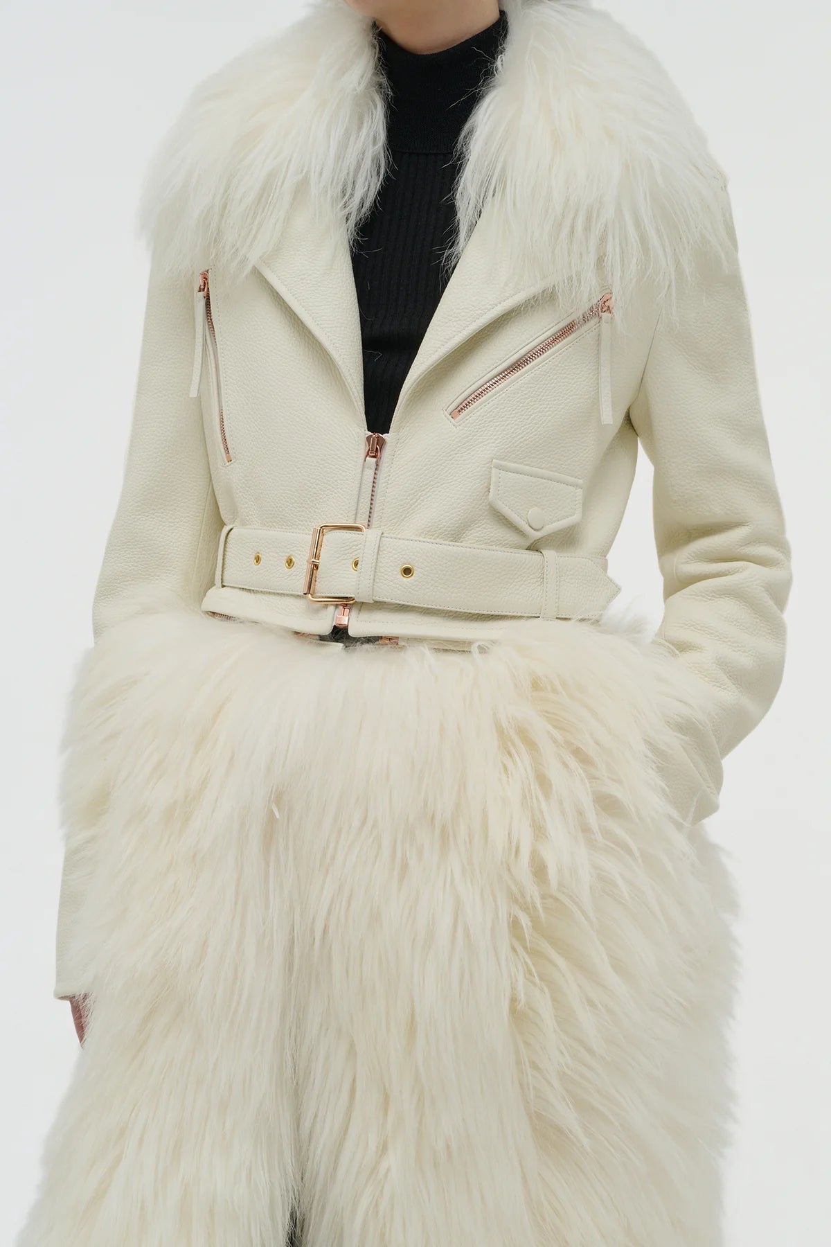 Brymwylf Convertible Coat in White Textured Leather & Cashmere Shearling