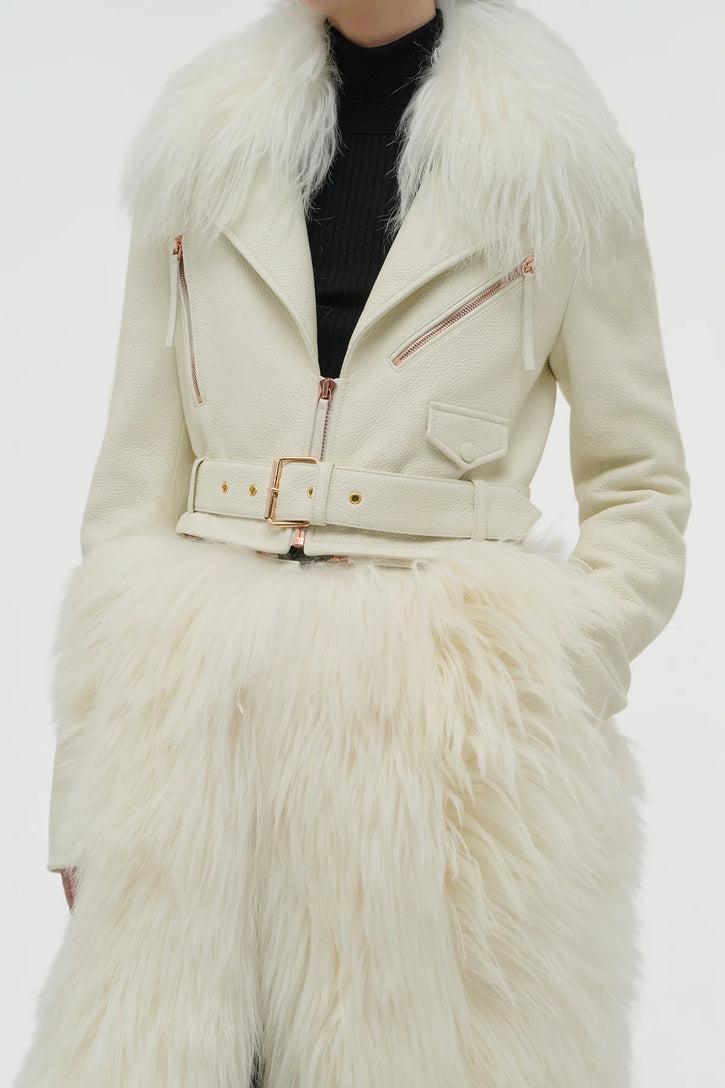 Brymwylf Convertible Coat in White Textured Leather & Cashmere Shearling