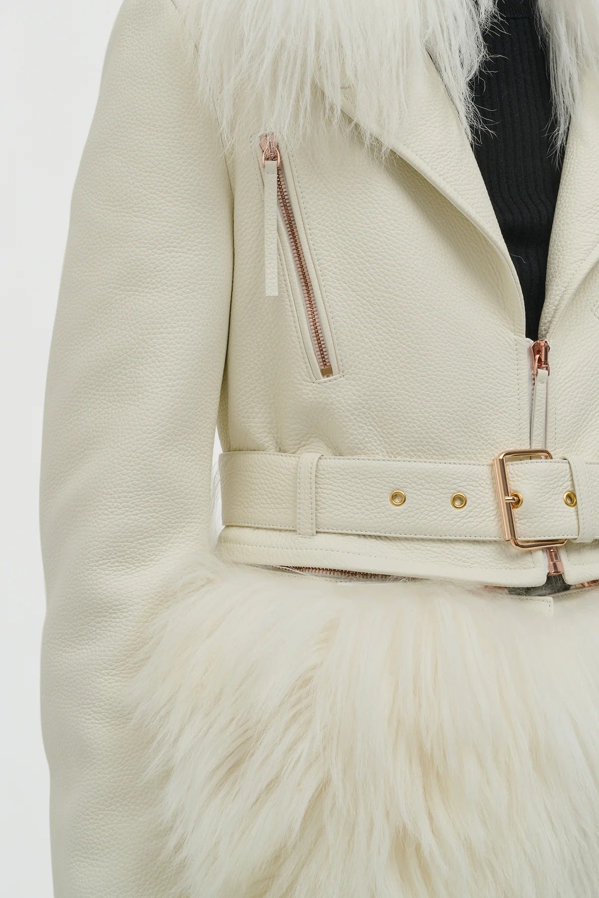 Brymwylf Convertible Coat in White Textured Leather & Cashmere Shearling