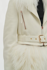 Brymwylf Convertible Coat in White Textured Leather & Cashmere Shearling