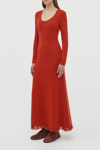 Maribel Fringe Knit Maxi Dress in Antelope Orange Cashmere