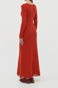 Maribel Fringe Knit Maxi Dress in Antelope Orange Cashmere