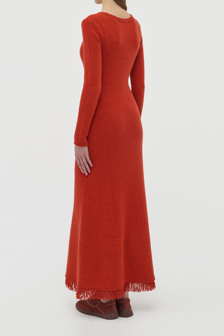 Maribel Fringe Knit Maxi Dress in Antelope Orange Cashmere