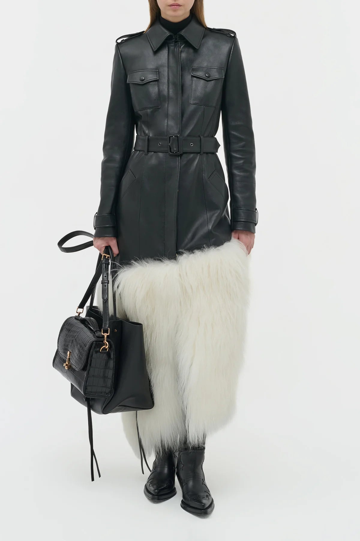 Isak Trench Coat in Black Soft Leather & Ivory Cashmere Shearling