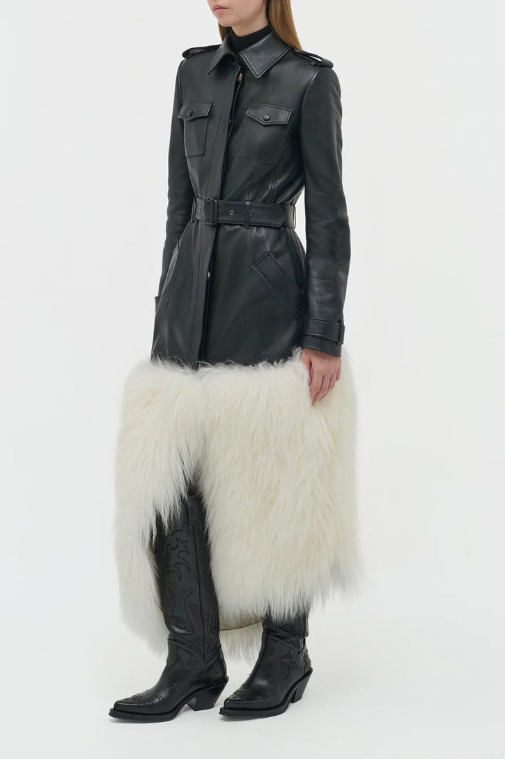 Isak Trench Coat in Black Soft Leather & Ivory Cashmere Shearling