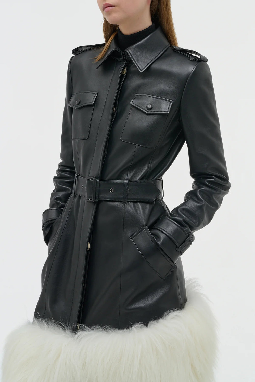Isak Trench Coat in Black Soft Leather & Ivory Cashmere Shearling