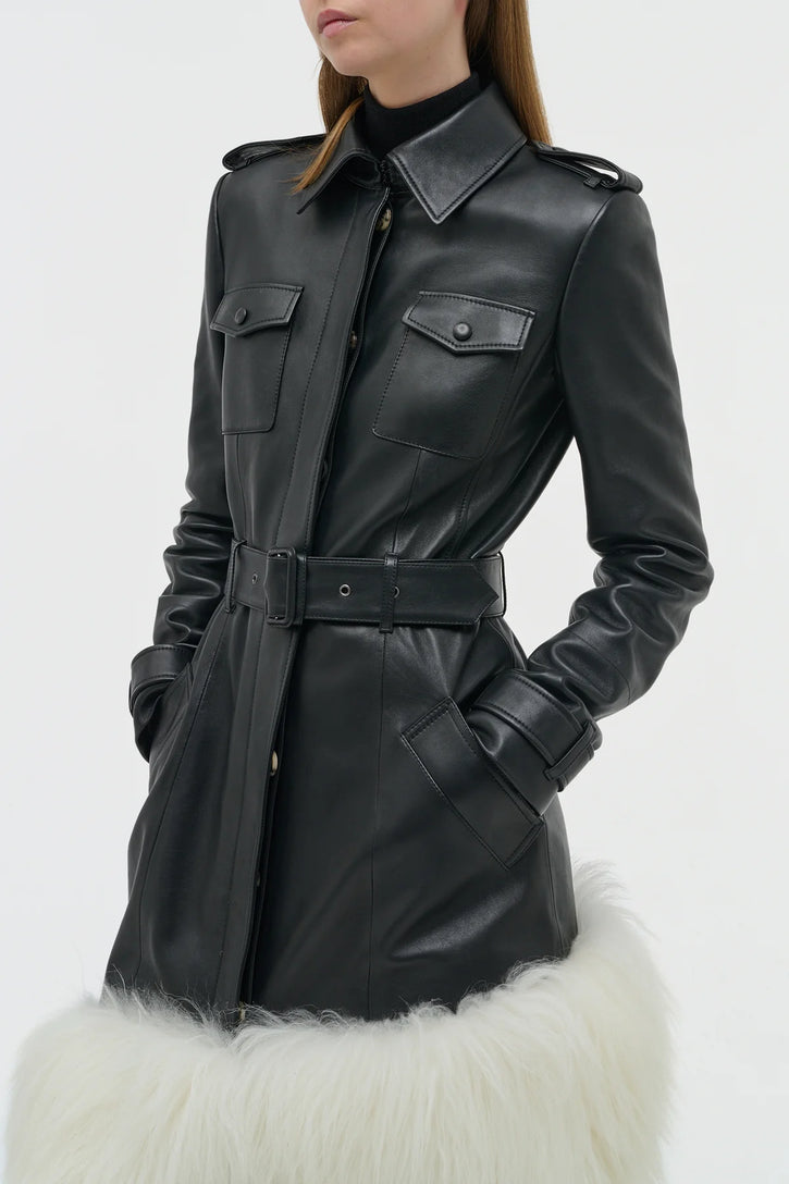 Isak Trench Coat in Black Soft Leather & Ivory Cashmere Shearling
