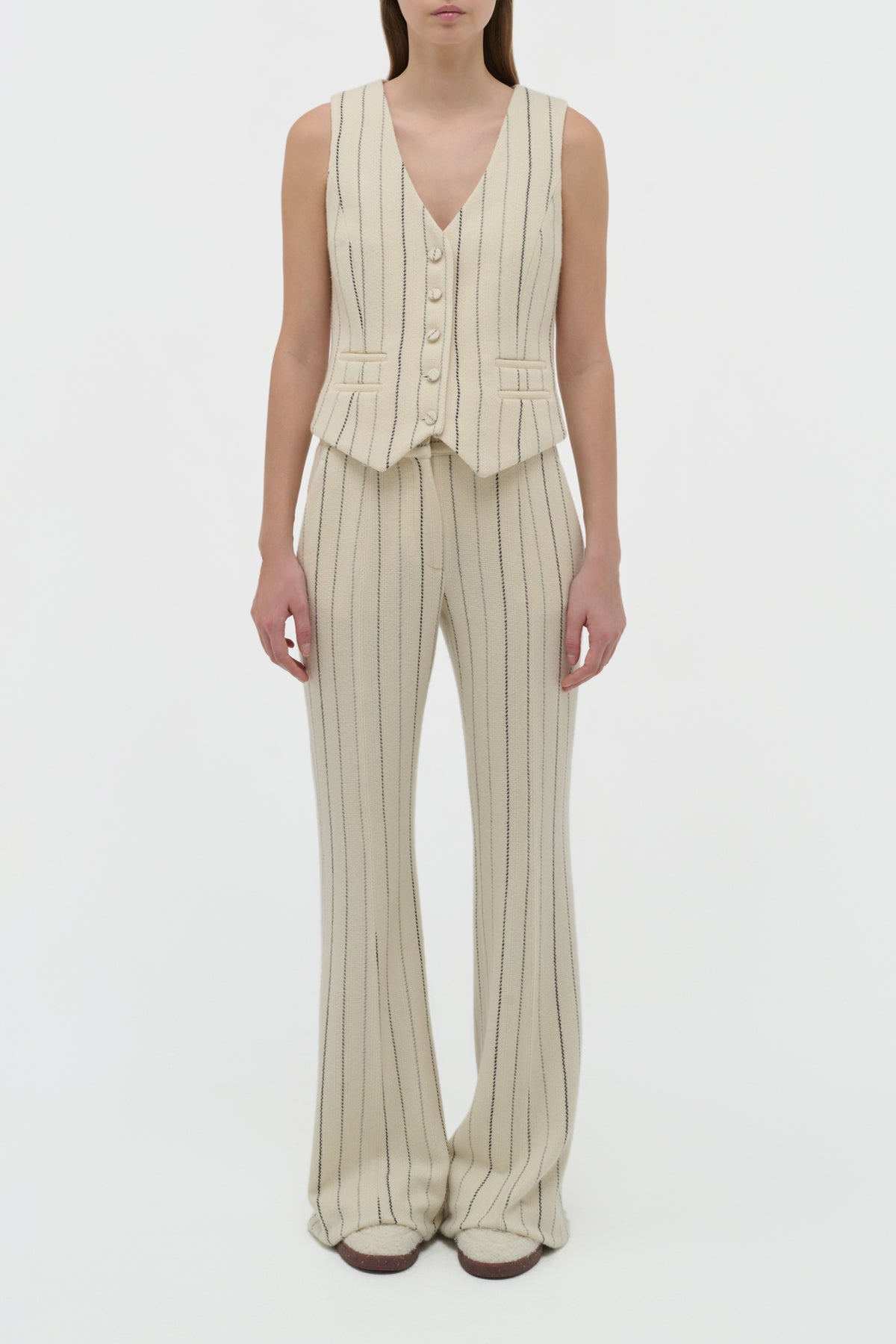 Rhein Flare Pant in Ivory Multi Pinstripe Wool Cashmere