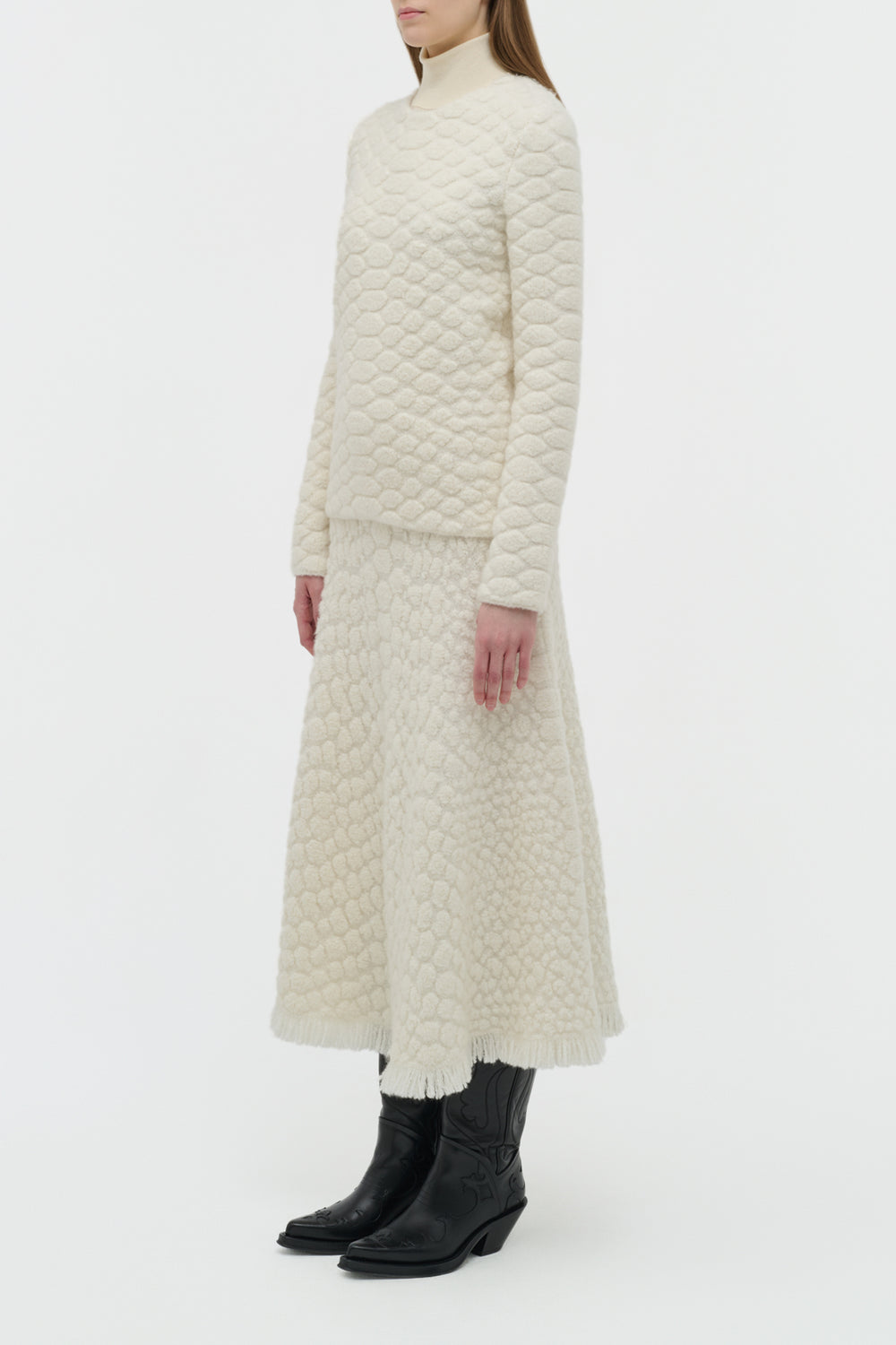 Kanta Fringe Knit Midi Skirt in Ivory Cashmere
