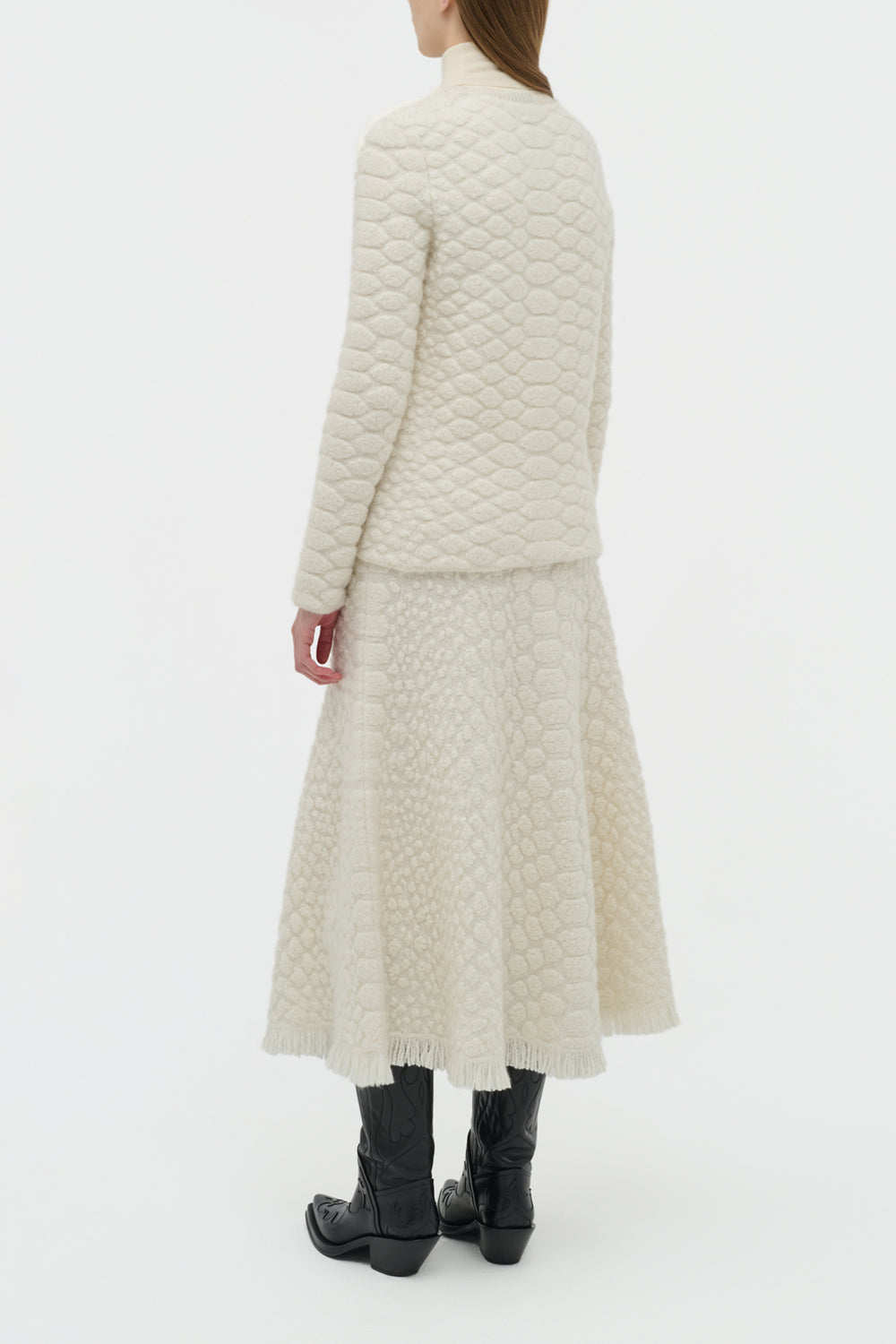 Kanta Fringe Knit Midi Skirt in Ivory Cashmere