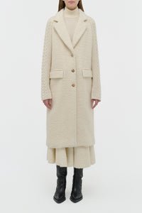 Charles Coat in Ivory Recycled Cashmere Boucle with Cable-knit Sleeves