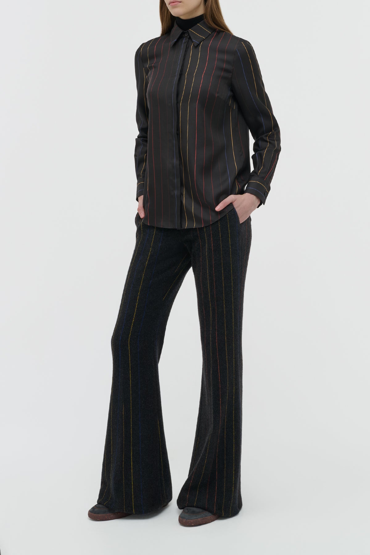 Henri Blouse in Charcoal Multi Pinstripe Silk Twill