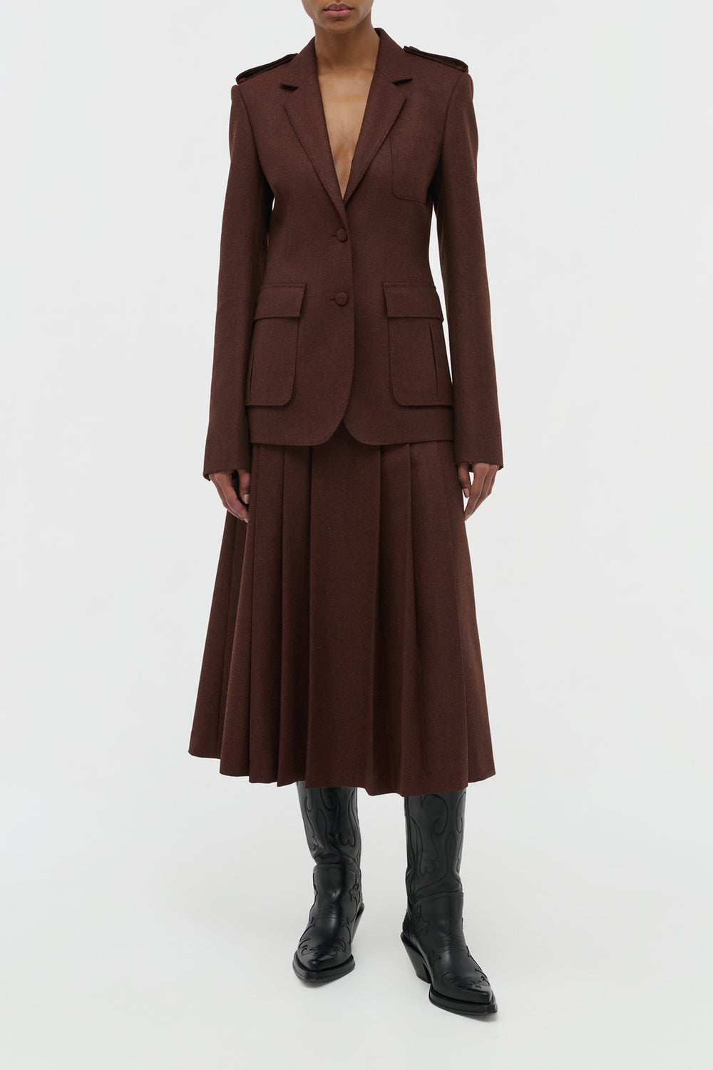 Wesley Pleated Midi Skirt in Burnt Sienna Wool Cashmere Flannel