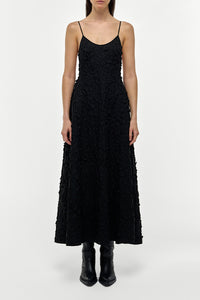 Nexus Embroidered Leaves Dress in Black Linen