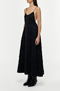 Nexus Embroidered Leaves Dress in Black Linen