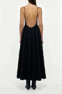 Nexus Embroidered Leaves Dress in Black Linen