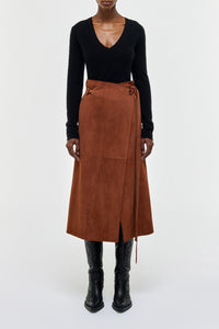 Idalia Wrap Midi Skirt in Cognac Suede