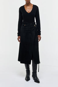 Idalia Wrap Midi Skirt in Black Suede