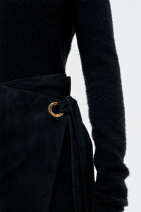 Idalia Wrap Midi Skirt in Black Suede