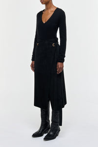 Idalia Wrap Midi Skirt in Black Suede