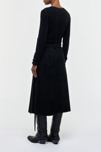 Idalia Wrap Midi Skirt in Black Suede