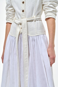 Delyth Shirtdress in White Recycled Cotton Denim & Linen