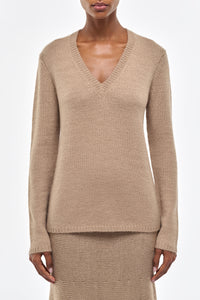 Vesper Knit V-Neck Sweater in Camel Cashmere