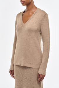 Vesper Knit V-Neck Sweater in Camel Cashmere